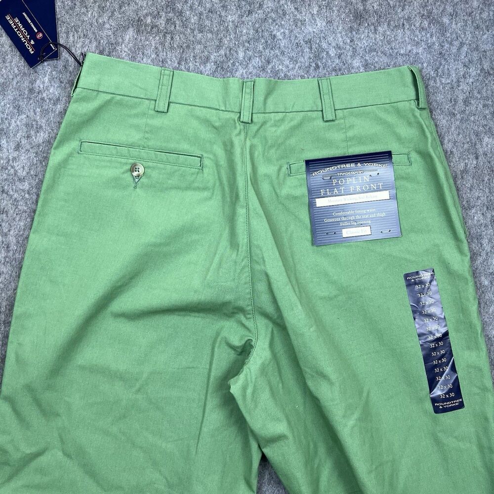 Roundtree & Yorke Men's Chino Pants Poplin Flat Front Green Classic Fit Sz 32x30 - Picture 7 of 12